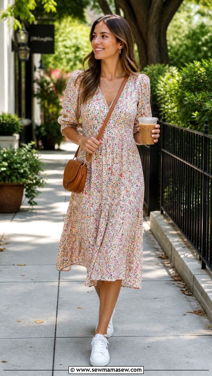 Midi Dress and White Sneakers with Crossbody Bag Outfit - 40 running errands outfit ideas