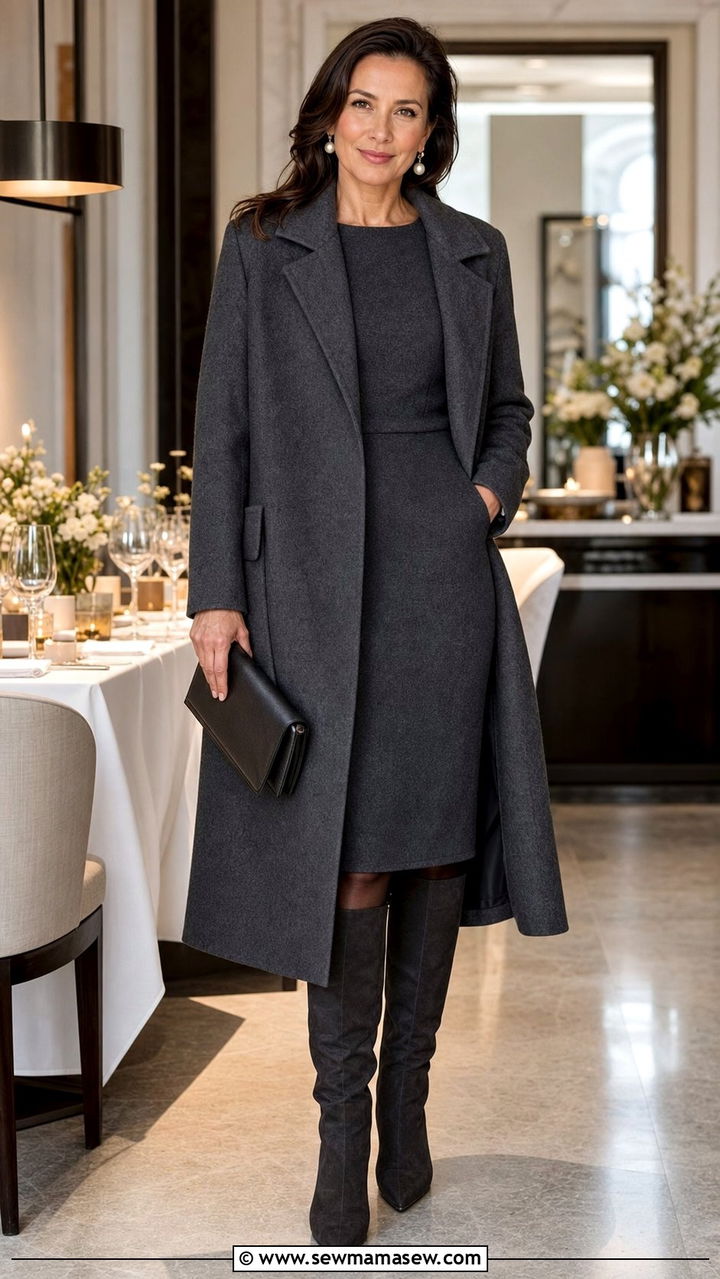 Midi Dress and Wool Coat Look - 25 Stealth wealth outfit ideas for women over 40