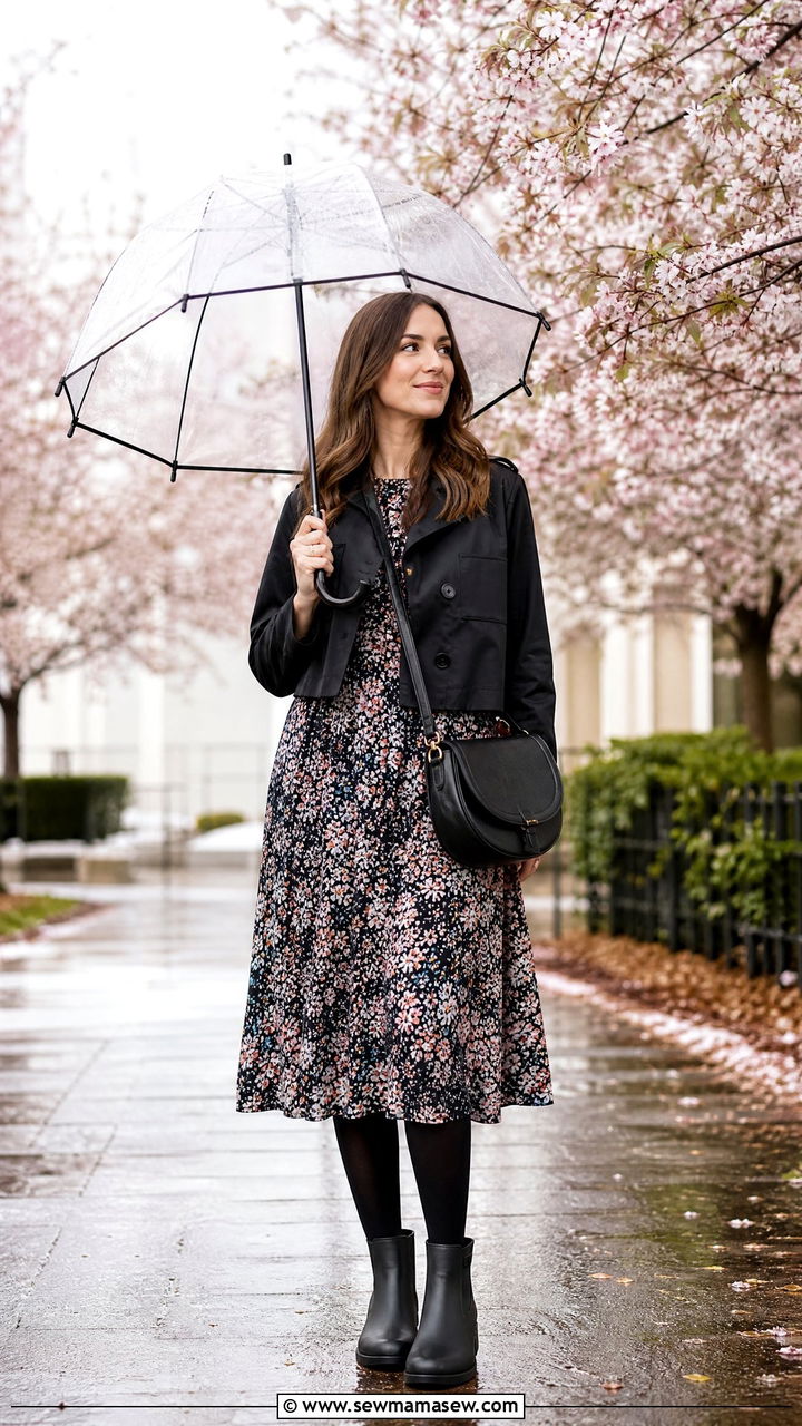 Midi Dress with Ankle Rain Boots Spring Rain Outfit - 25 Spring rain outfit ideas