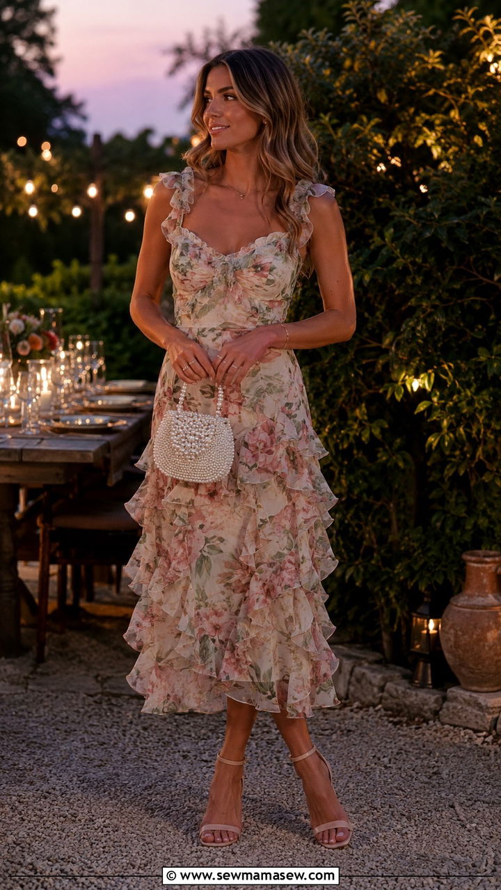 Midi Dress with Ankle Strap Heels and a Beaded Bag - 30 Midi dress for travel outfit ideas