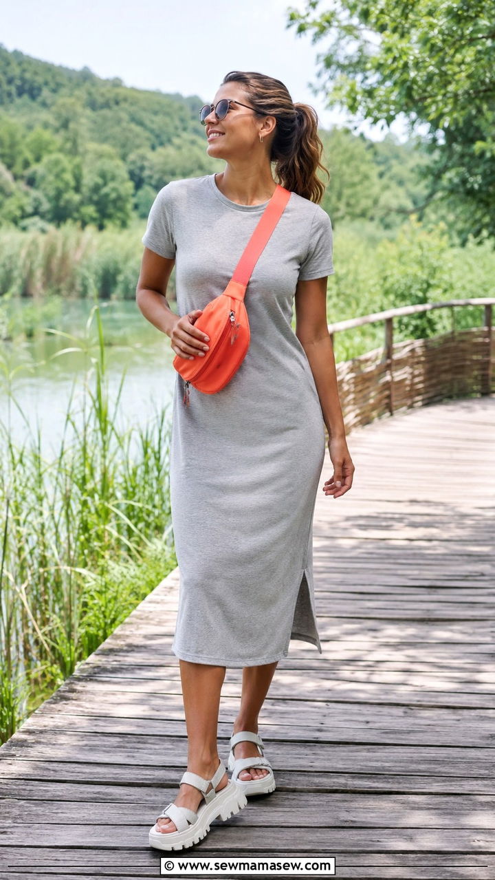 Midi Dress with Chunky Sandals and a Nylon Crossbody - 30 Midi dress for travel outfit ideas