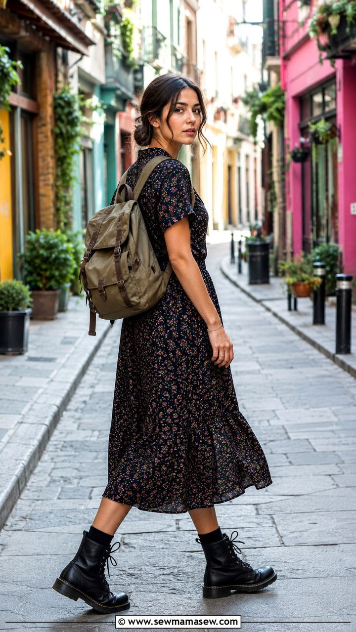Midi Dress with Combat Boots and a Canvas Backpack - 30 Midi dress for travel outfit ideas