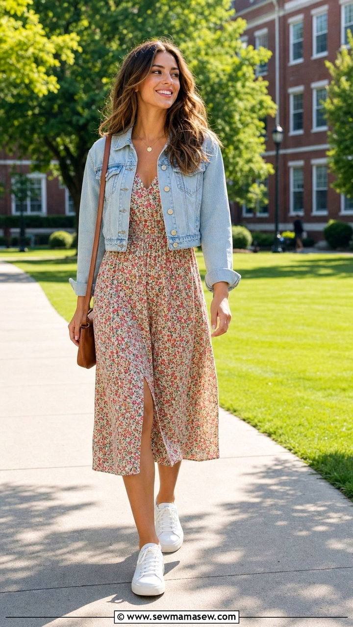 Midi Dress with Cropped Denim Jacket - 35 back to school outfits inspo