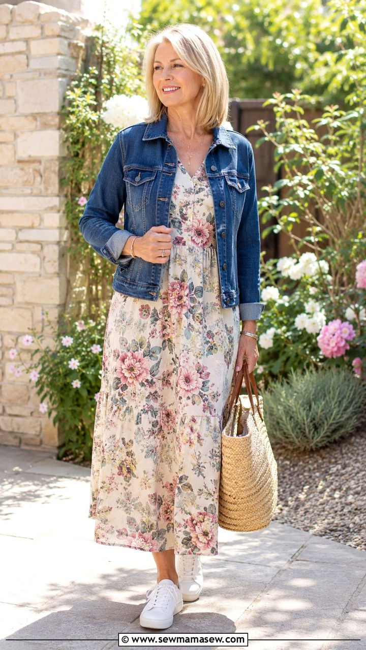 Midi Dress with Denim Jacket - 30 Modest outfit ideas for women over 50