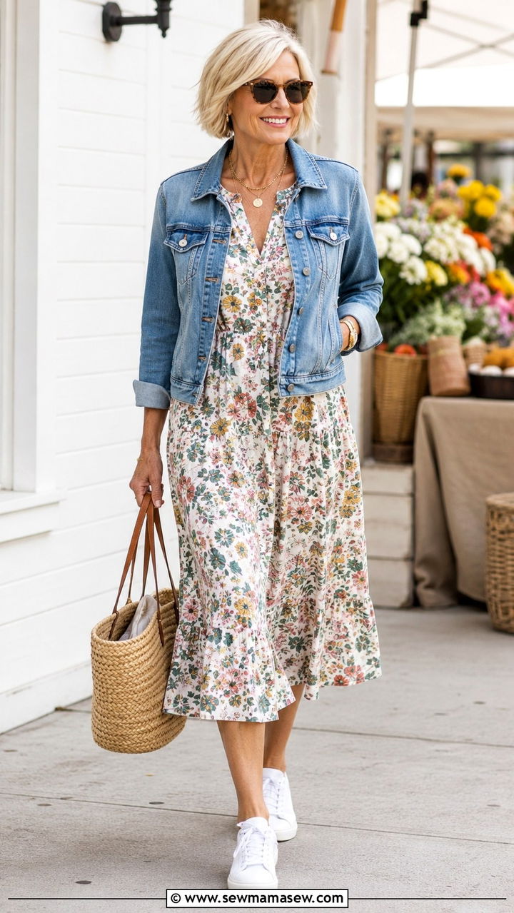 Midi Dress with Denim Jacket Outfit - 30 Trendy outfits for women over 50