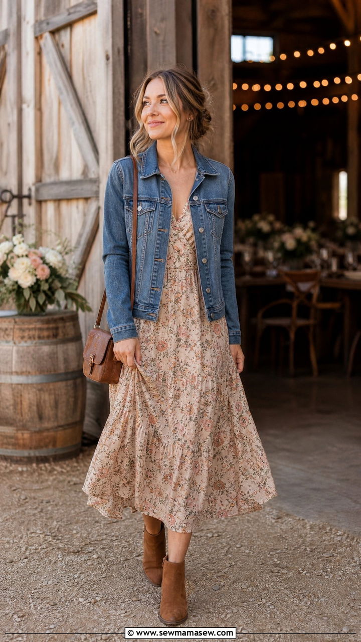 Midi Dress with Denim Jacket and Ankle Boots - 25 Farm wedding guest outfit ideas