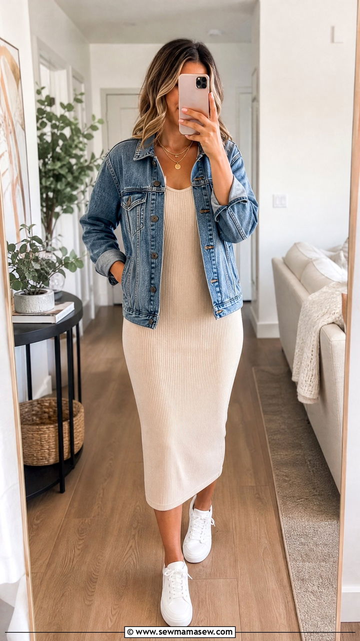 Midi Dress with Denim Jacket - 35 Housewarming party outfits