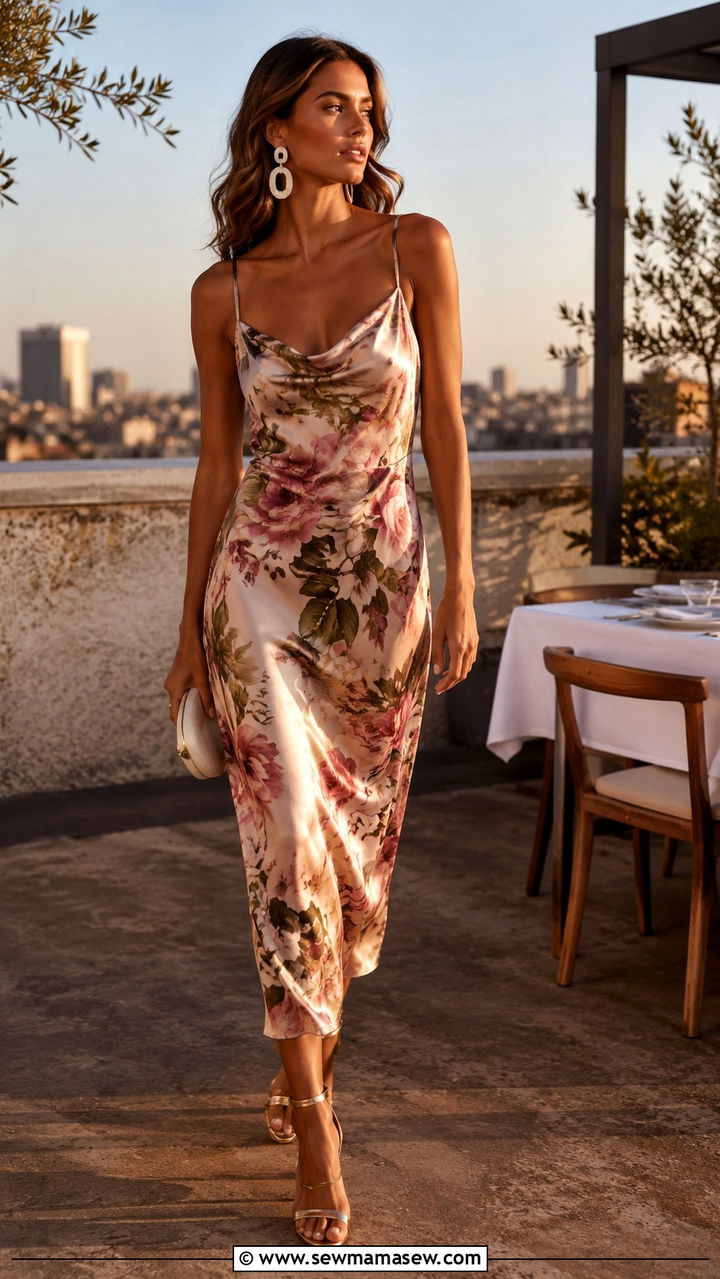 Midi Dress with Heeled Sandals and Statement Earrings - 30 Midi dress for travel outfit ideas