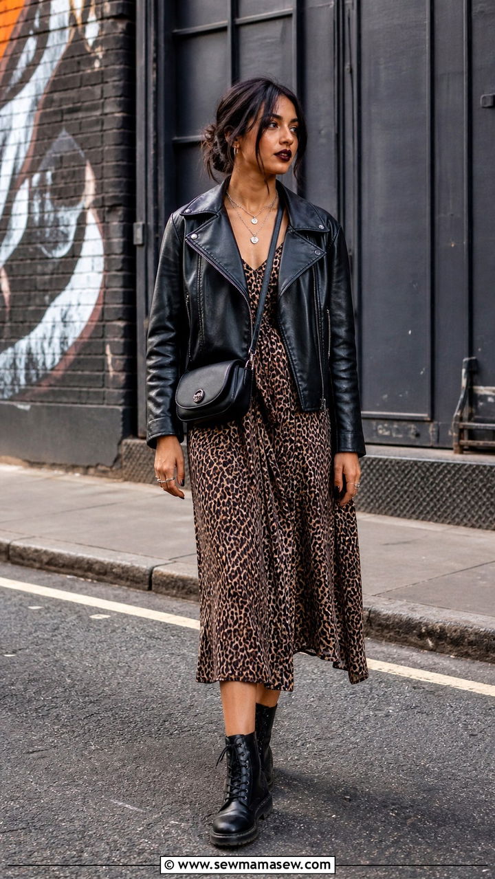 Midi Dress with Leather Jacket and Combat Boots Outfit - 40 What to wear in London