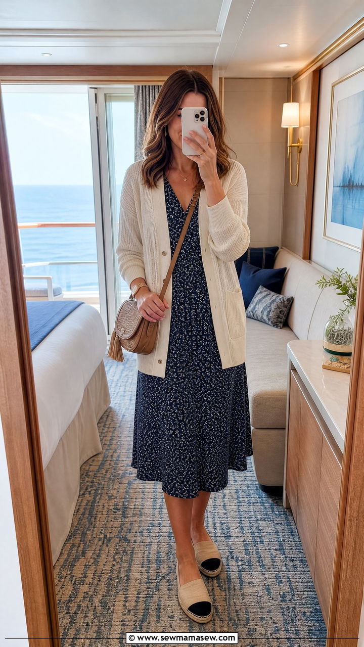 Midi Dress with Lightweight Cardigan - 30 modest cruise outfit ideas