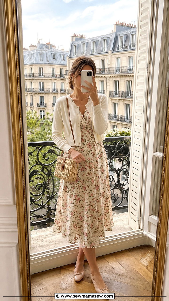 Midi Dress with Lightweight Cardigan and Ballet Flats - 30 spring paris trip outfit ideas