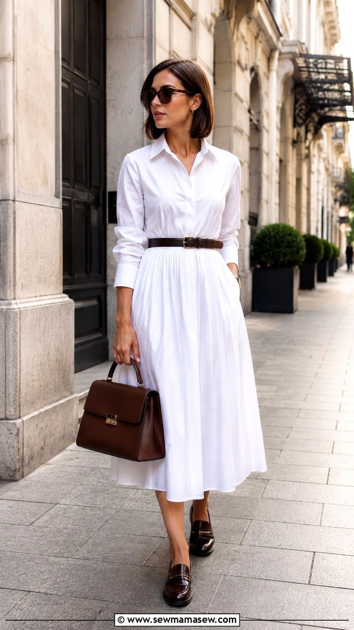 Midi Dress with Loafers and a Structured Handbag - 30 Midi dress for travel outfit ideas