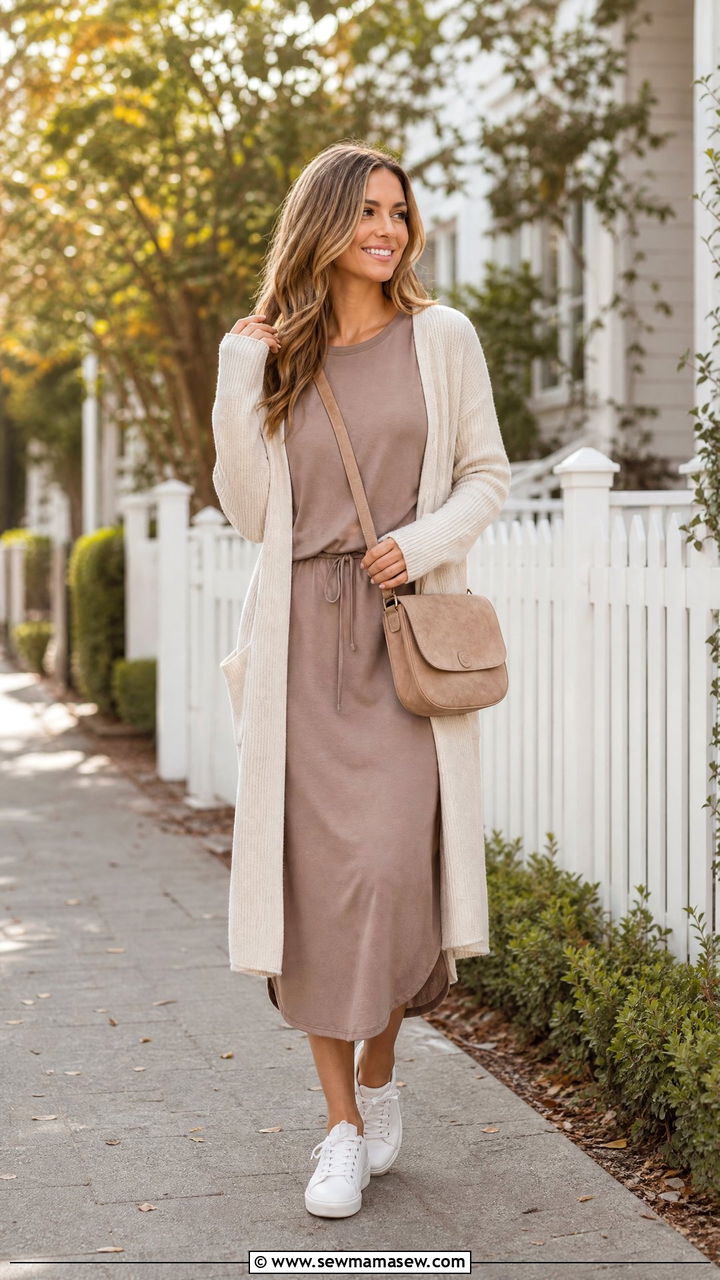 Midi Dress with Long Cardigan and White Sneakers - 25 casual classy outfits