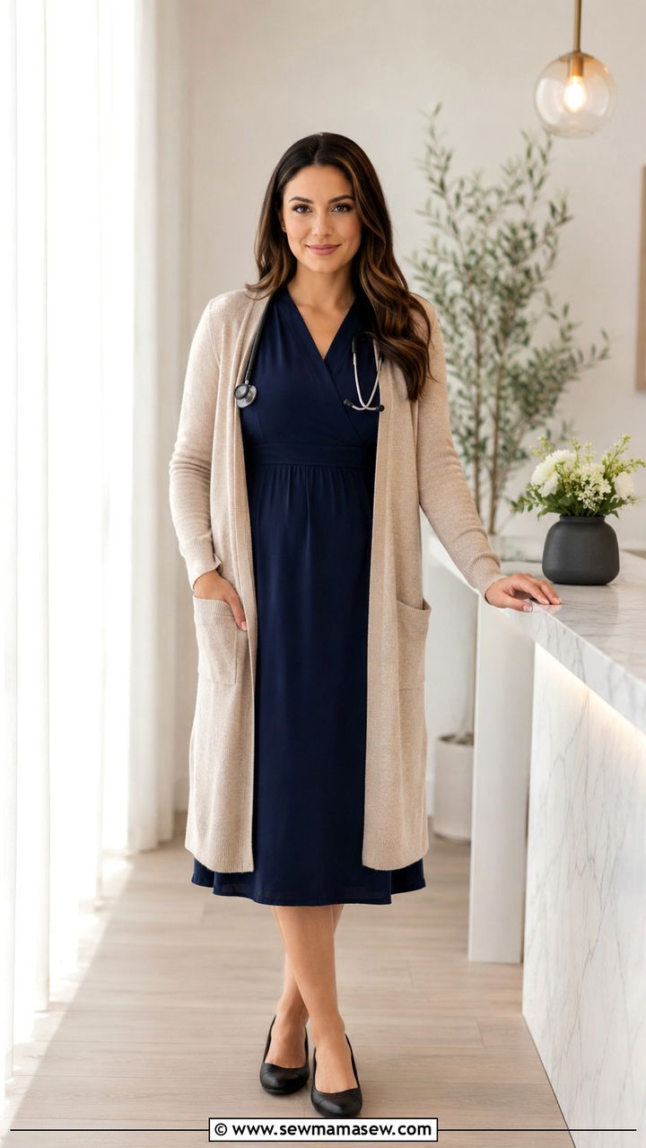Midi Dress with Longline Cardigan and Closed Toe Flats - 25 Nurse practitioner outfit ideas