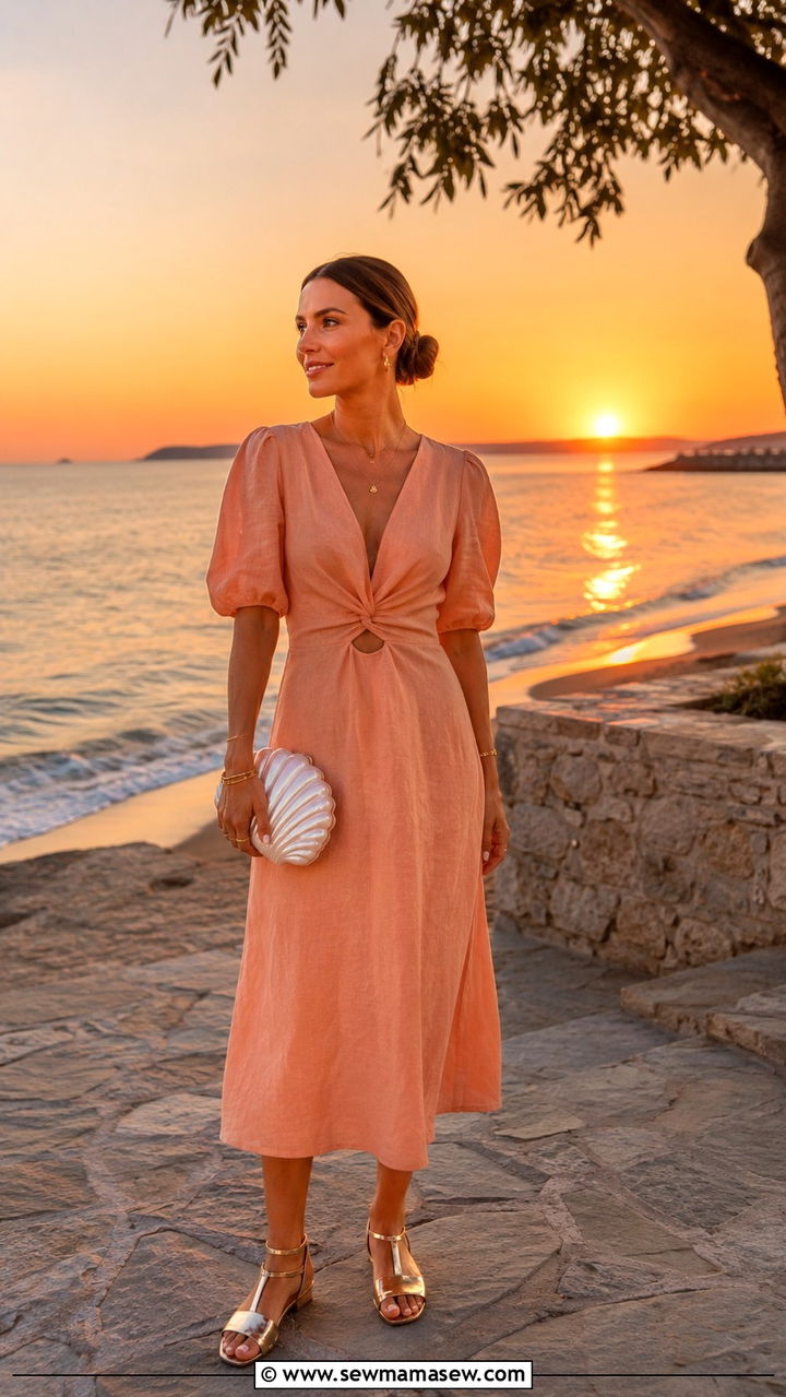 Midi Dress with Metallic Sandals and a Shell Clutch - 30 Midi dress for travel outfit ideas
