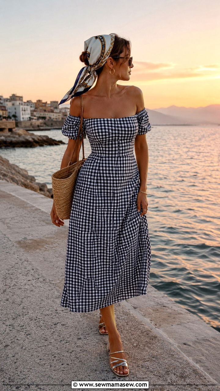 Midi Dress with Sandals and a Silk Head Scarf - 30 Midi dress for travel outfit ideas