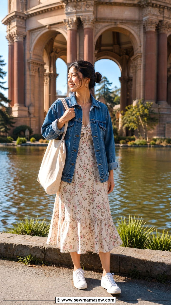 Midi Dress with Sneakers and a Denim Jacket - 40 What to wear in San Francisco