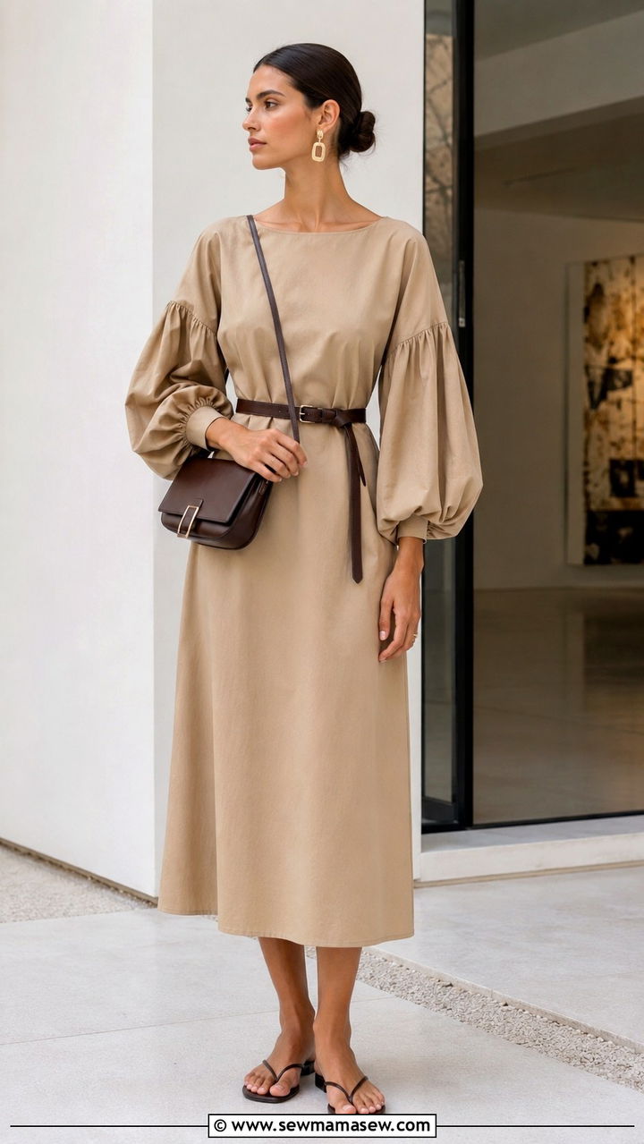 Midi Dress with Statement Sleeves and Minimal Sandals - 30 Midi dress for travel outfit ideas