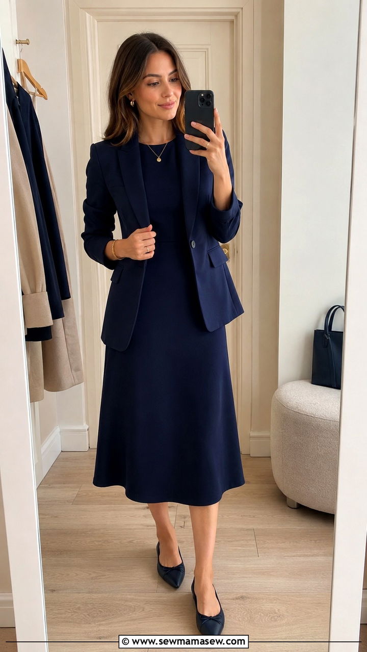 Midi Dress with Structured Blazer and Ballet Flats - 25 Retail manager outfit ideas
