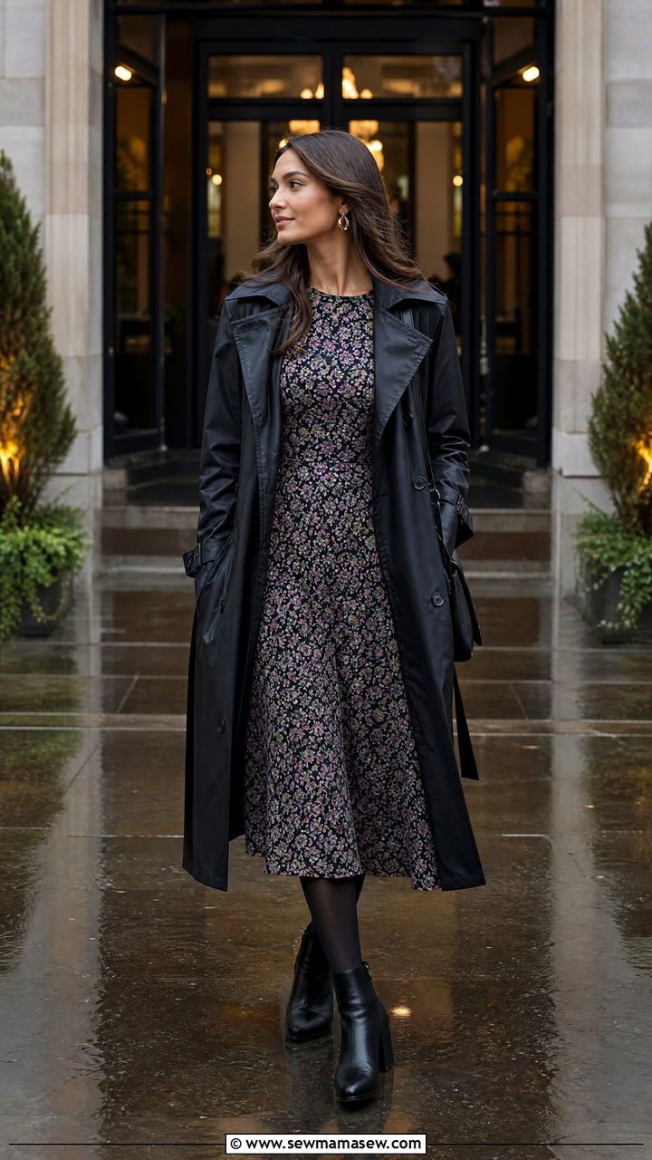 Midi Dress with Waterproof Trench and Block Heels - 25 rainy day outfits inspo
