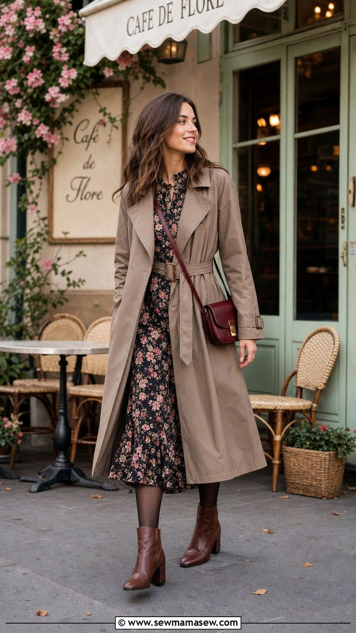 Midi Dress with Waterproof Trench and Block Heels - 25 Drizzle outfit ideas