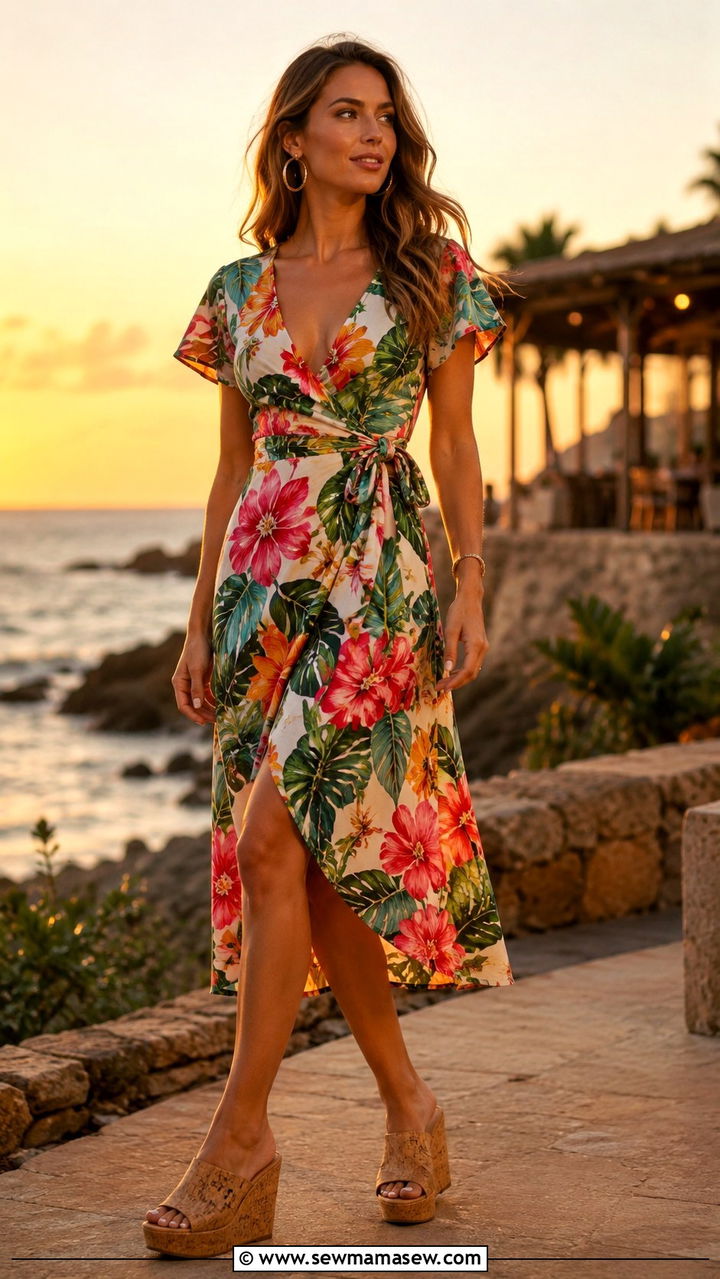 Midi Dress with Wedge Sandals and Hoop Earrings - 30 Midi dress for travel outfit ideas