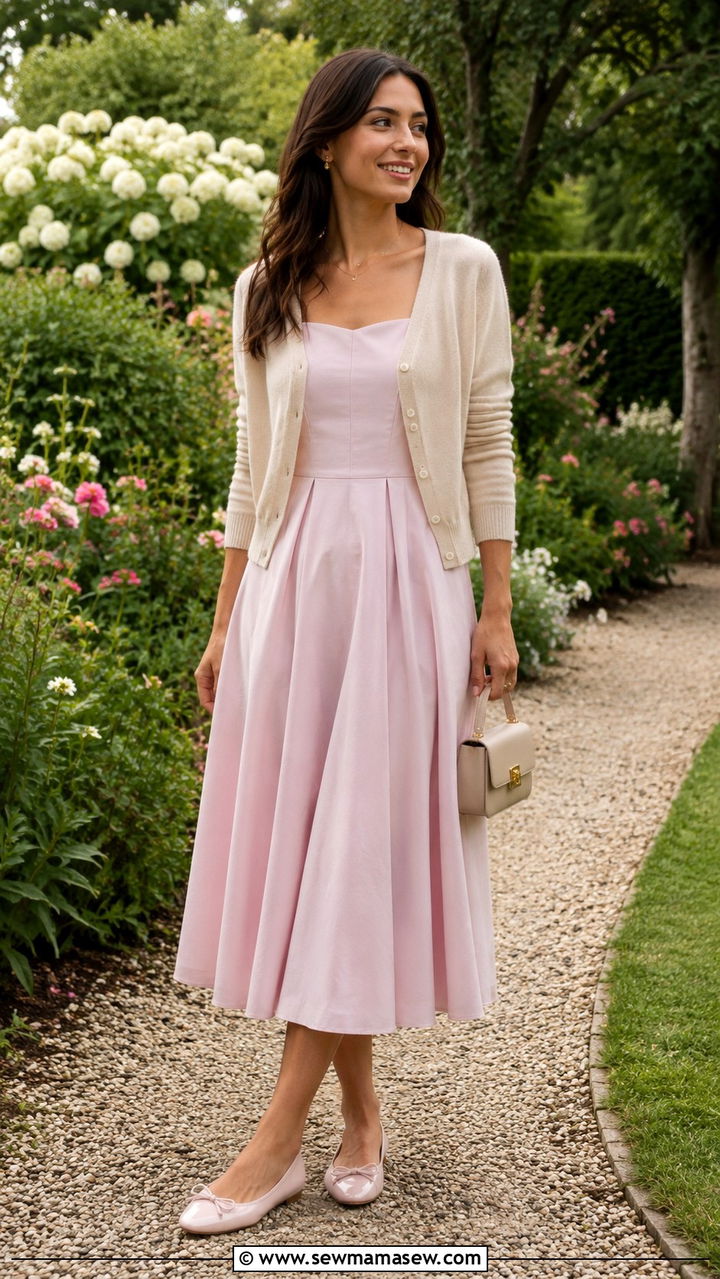 Midi Dress with a Cardigan and Ballet Flats - 30 Midi dress for travel outfit ideas