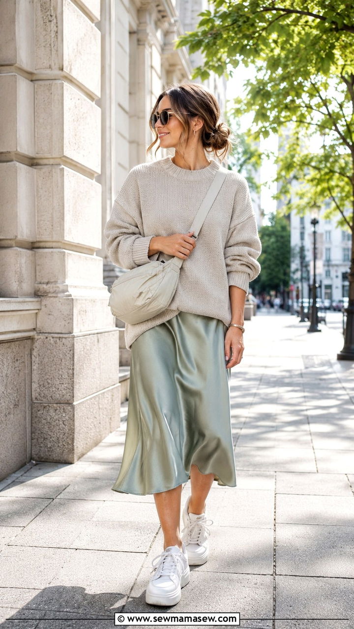 Midi Dress with a Crew Neck Sweater and Sneakers - 30 Midi dress for travel outfit ideas