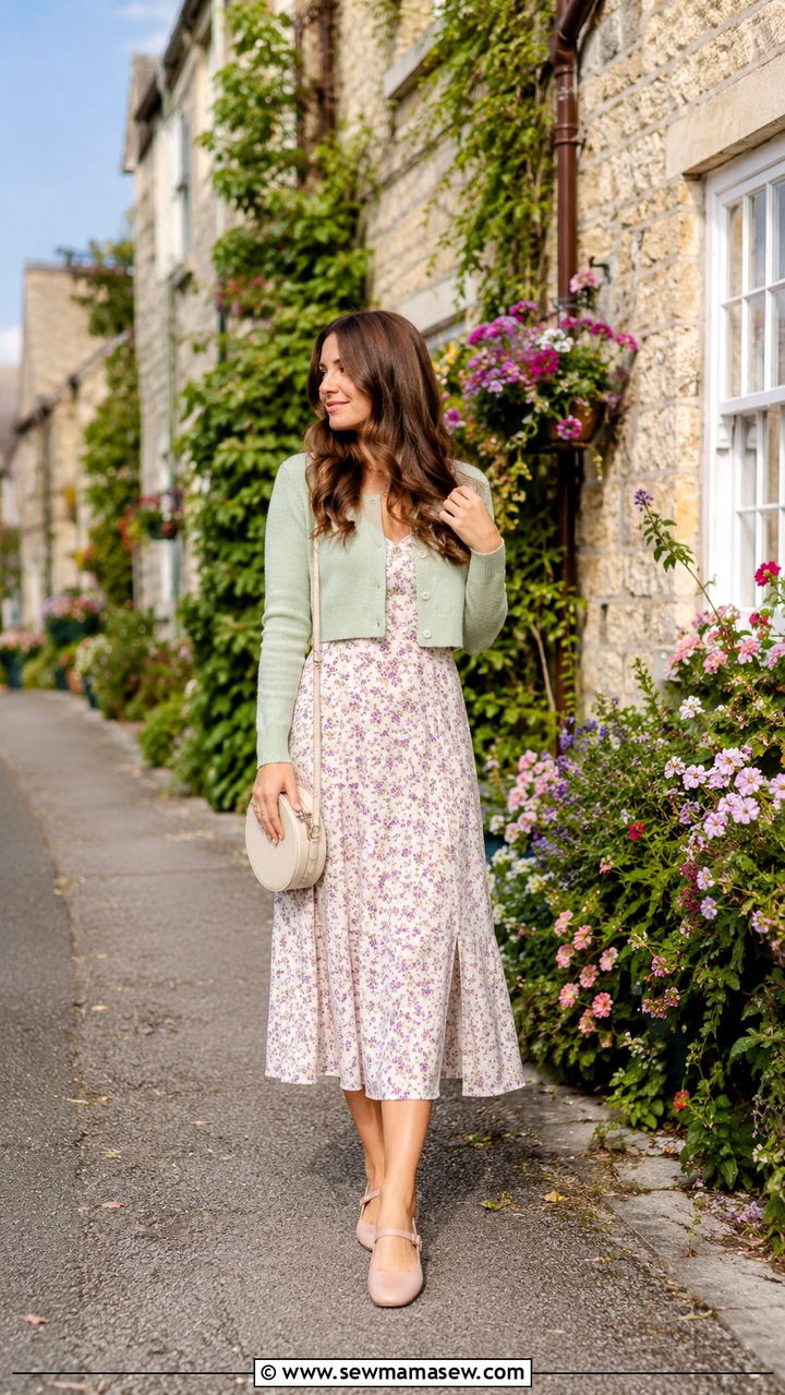 Midi Dress with a Cropped Cardigan and Mary Janes - 30 Midi dress for travel outfit ideas