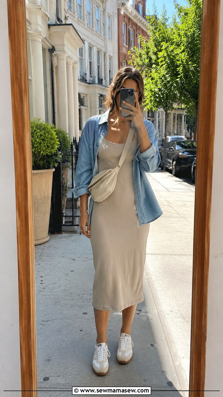 Midi Dress with a Denim Shirt and Trainers - 30 Midi dress for travel outfit ideas