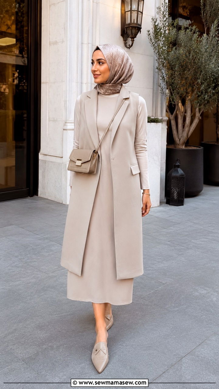 Midi Dress with a Longline Vest - 20 Modest outfit ideas for iftar