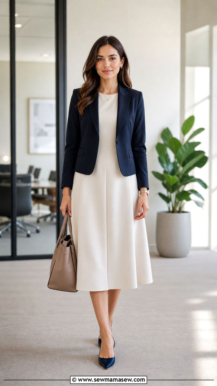 Midi Dress with a Structured Jacket and Pointed Flats - 40 Job interview outfit ideas