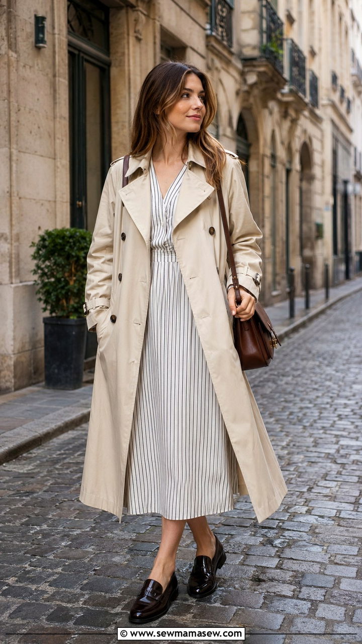 Midi Dress with a Trench Coat and Loafers - 30 Midi dress for travel outfit ideas