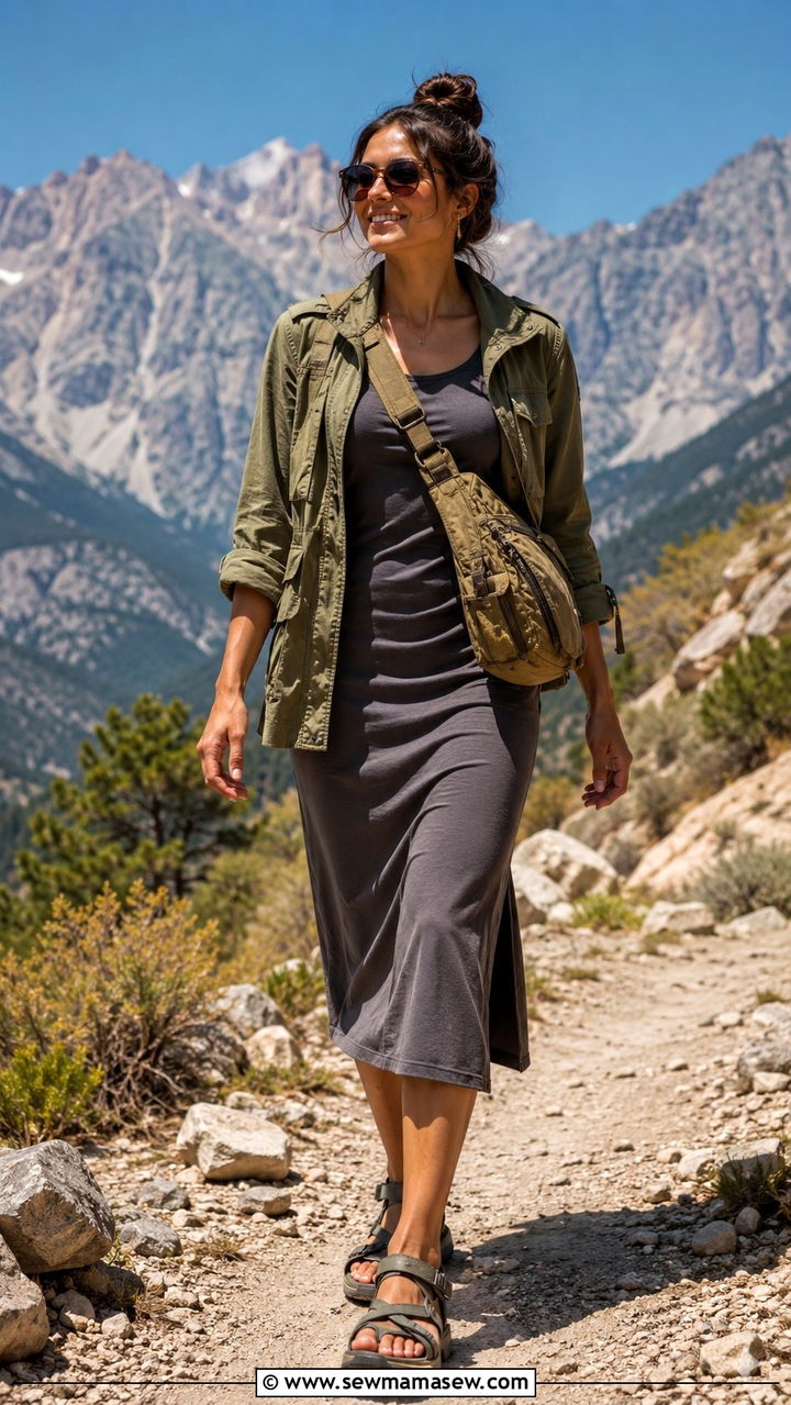 Midi Dress with a Utility Jacket and Hiking Sandals - 30 Midi dress for travel outfit ideas