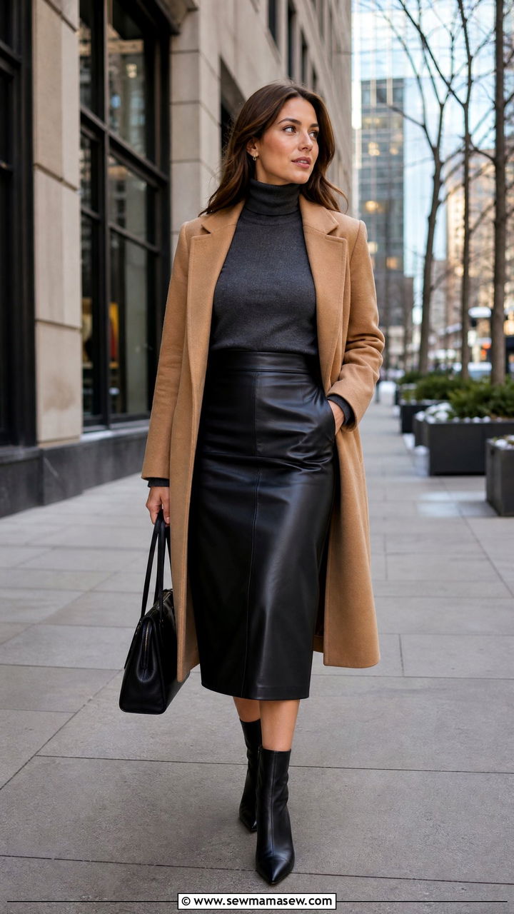 Midi Leather Skirt With Turtleneck Sweater - 25 Leather skirt outfit ideas for work