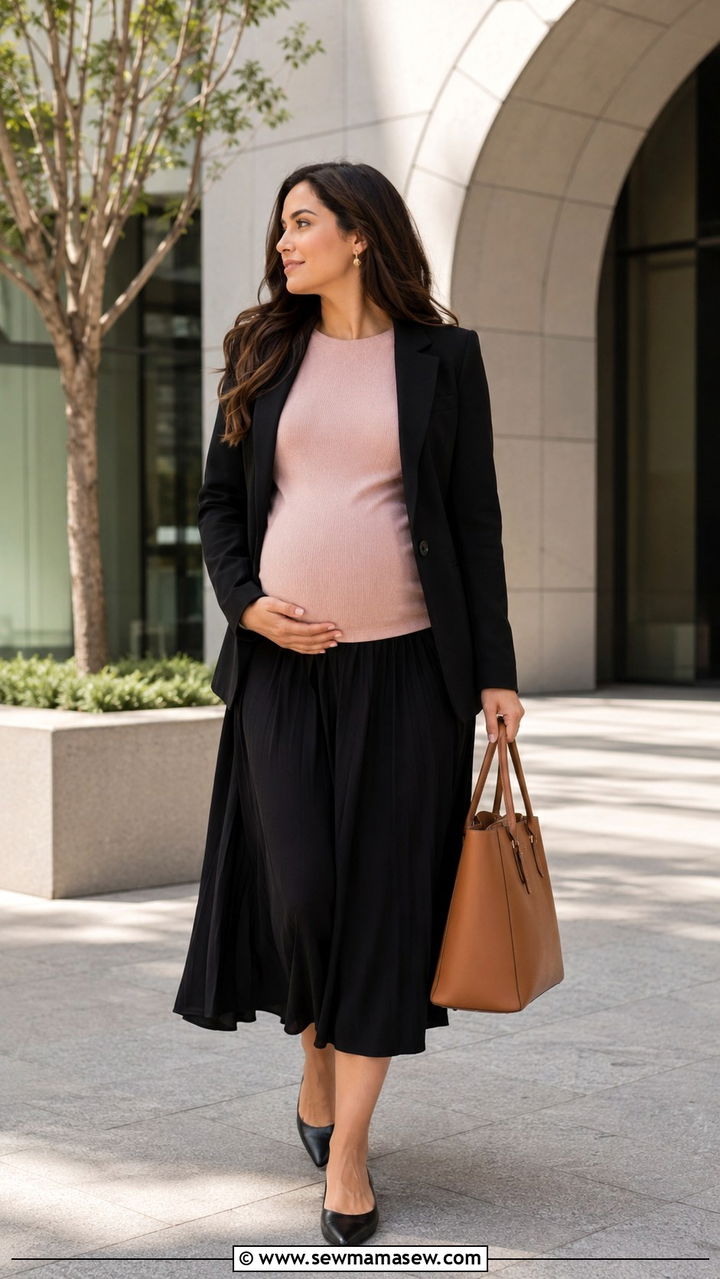 Midi Maternity Skirt and Knit Top Outfit - 20 Maternity outfit ideas second trimester