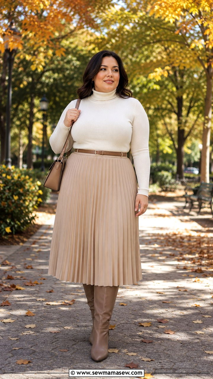 Midi Pleated Skirt With Fitted Turtleneck And Knee High Boots Petite Plus Size - 20 Petite plus size outfit ideas 18