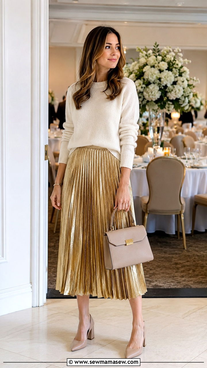 Midi Pleated Skirt With Lightweight Sweater - 30 transitional wedding guest outfit ideas
