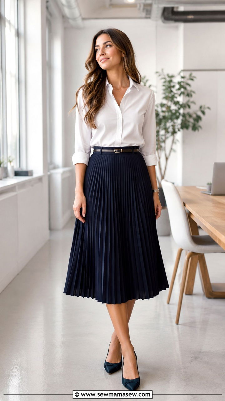 Midi Pleated Skirt and Button Down Outfit - 25 modest classy outfits inspo