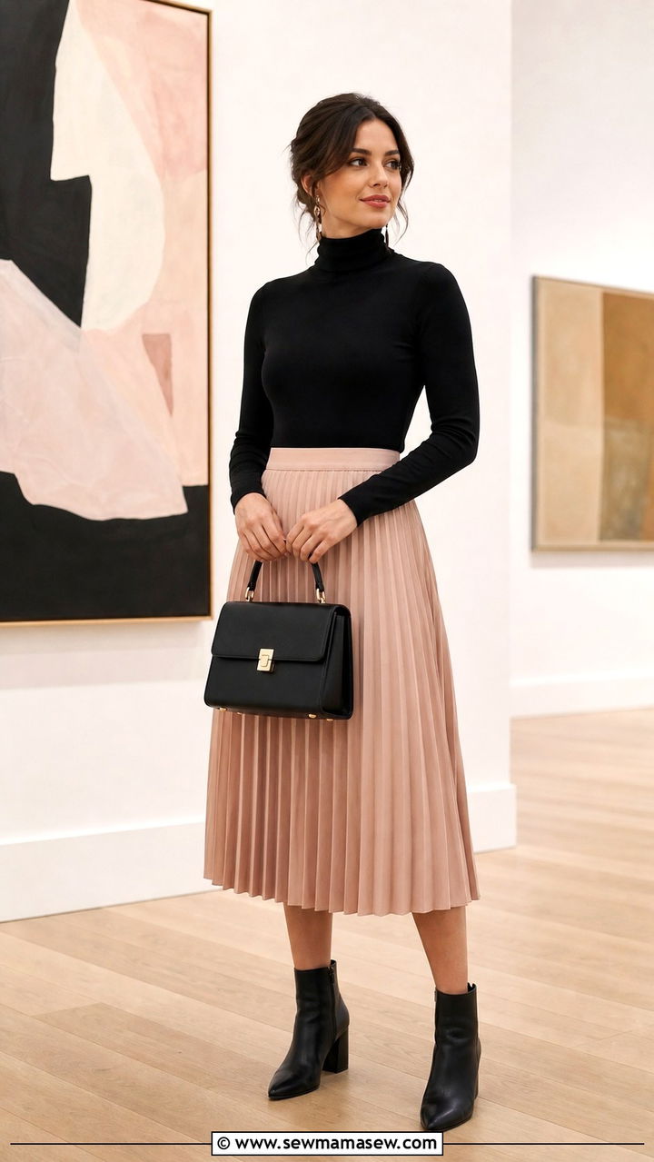 Midi Pleated Skirt with Turtleneck Top Outfit - 20 Art show outfit ideas