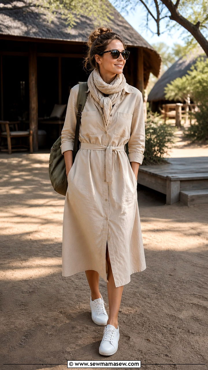 Midi Safari Dress With White Sneakers - 40 Safari outfit ideas