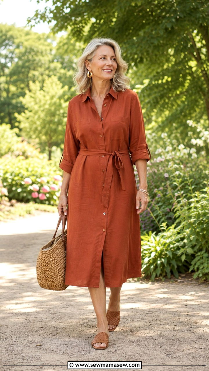 Midi Shirt Dress And Woven Tote - 20 Mature woman outfit ideas 2026