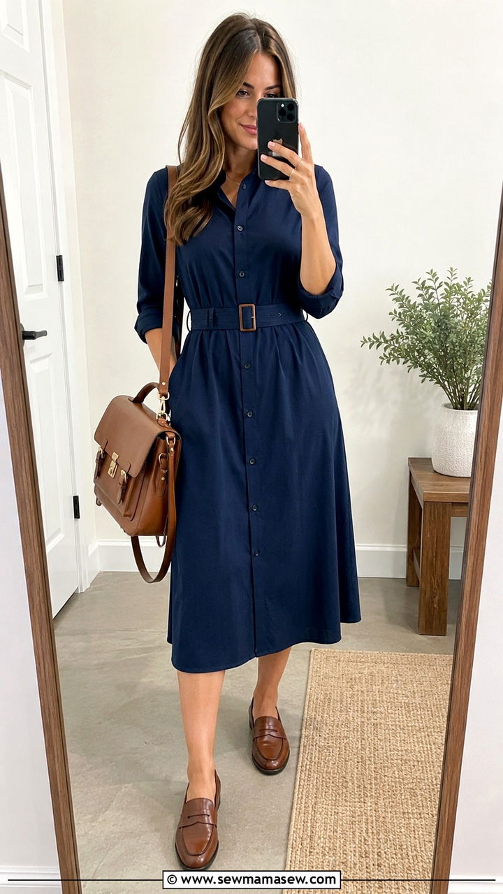 Midi Shirt Dress With Belt and Loafers - 30 Teacher outfits with dresses