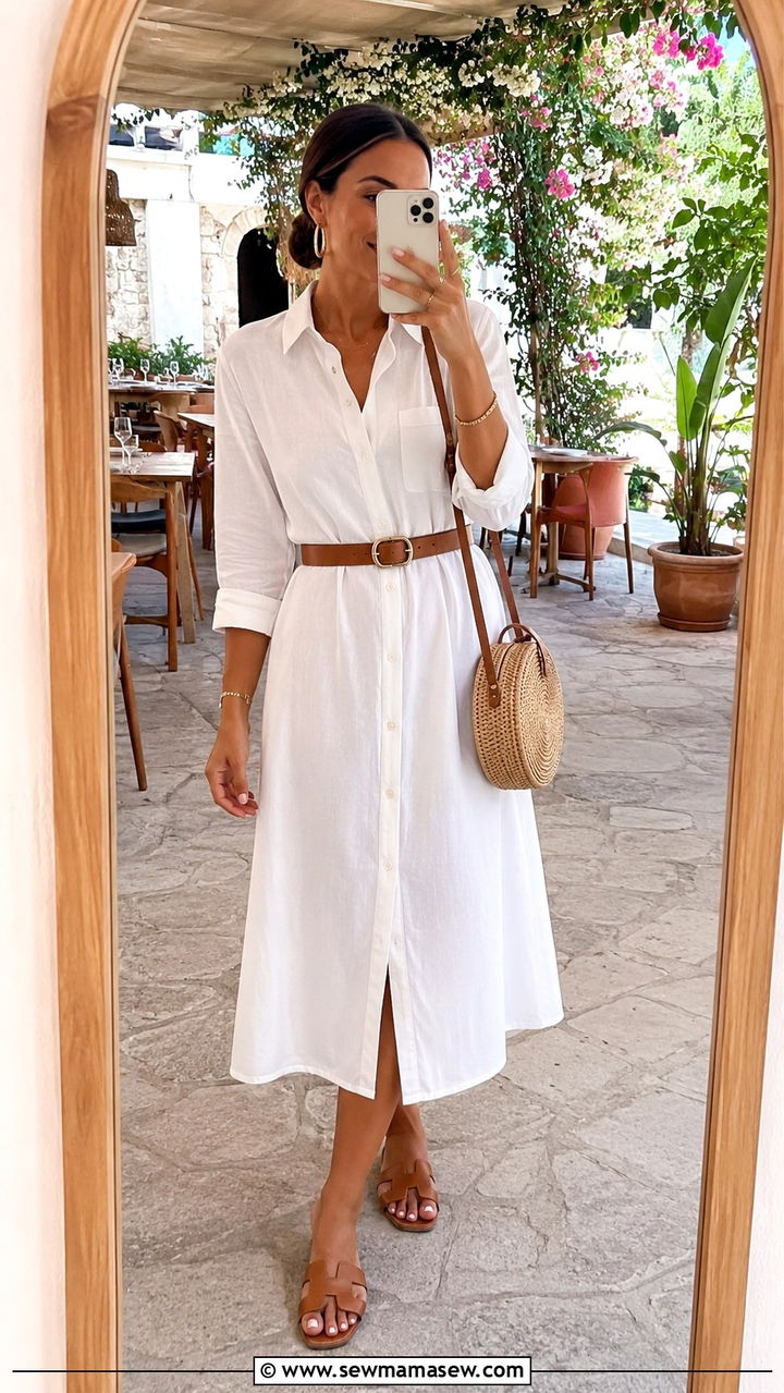 Midi Shirt Dress With Belt and Sandals - 30 Minimalist travel outfits