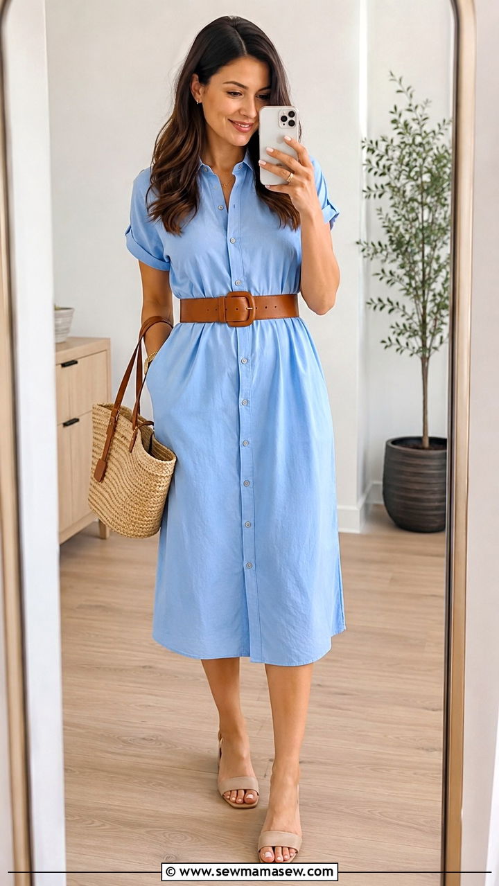 Midi Shirt Dress With Leather Belt and Low Block Heels - 30 business casual outfits 2026