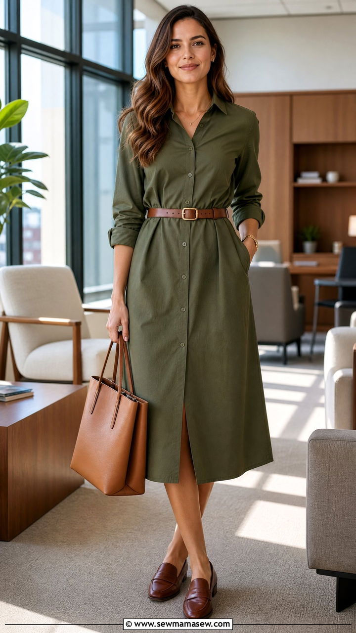 Midi Shirt Dress With Waist Belt And Loafers - 30 Hr manager outfit ideas