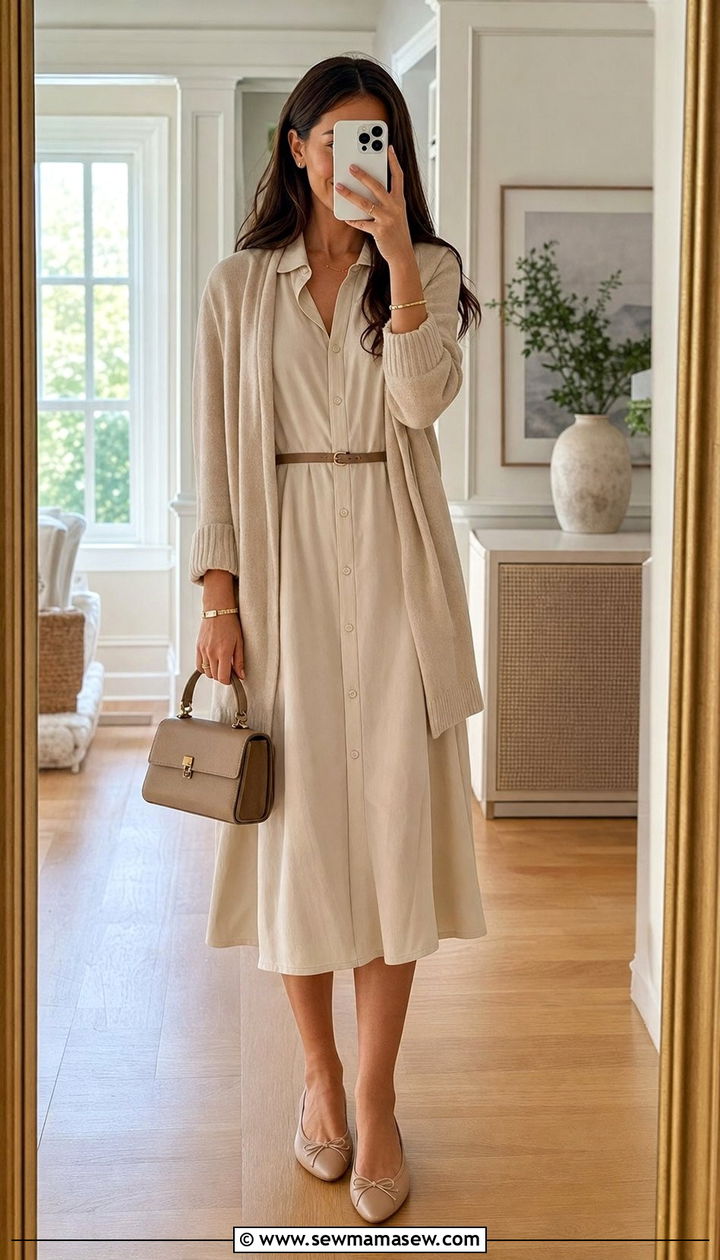 Midi Shirt Dress with Cardigan and Ballet Flats - 25 spring shirt dress outfit ideas