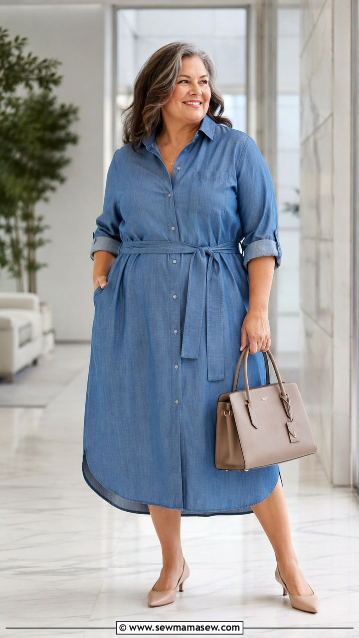 Midi Shirt Dress with Kitten Heels - 30 Plus size outfit ideas for women over 50