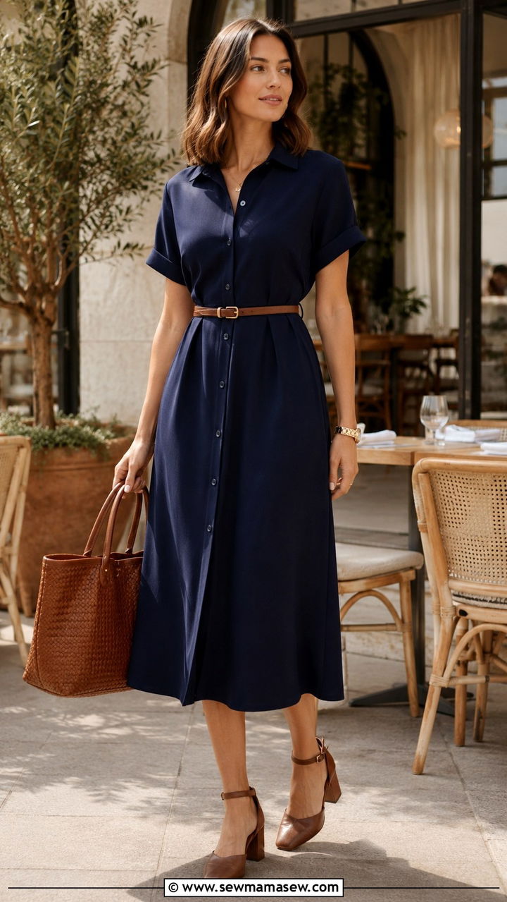 Midi Shirt Dress with Leather Belt and Block Heel Sandals - 20 Financial advisor outfit ideas