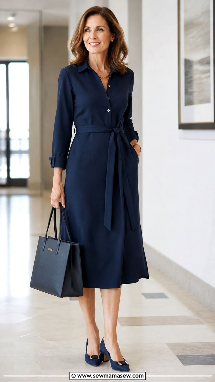 Midi Shirt Dress with Low Block Heels - 25 Work outfits for women over 60